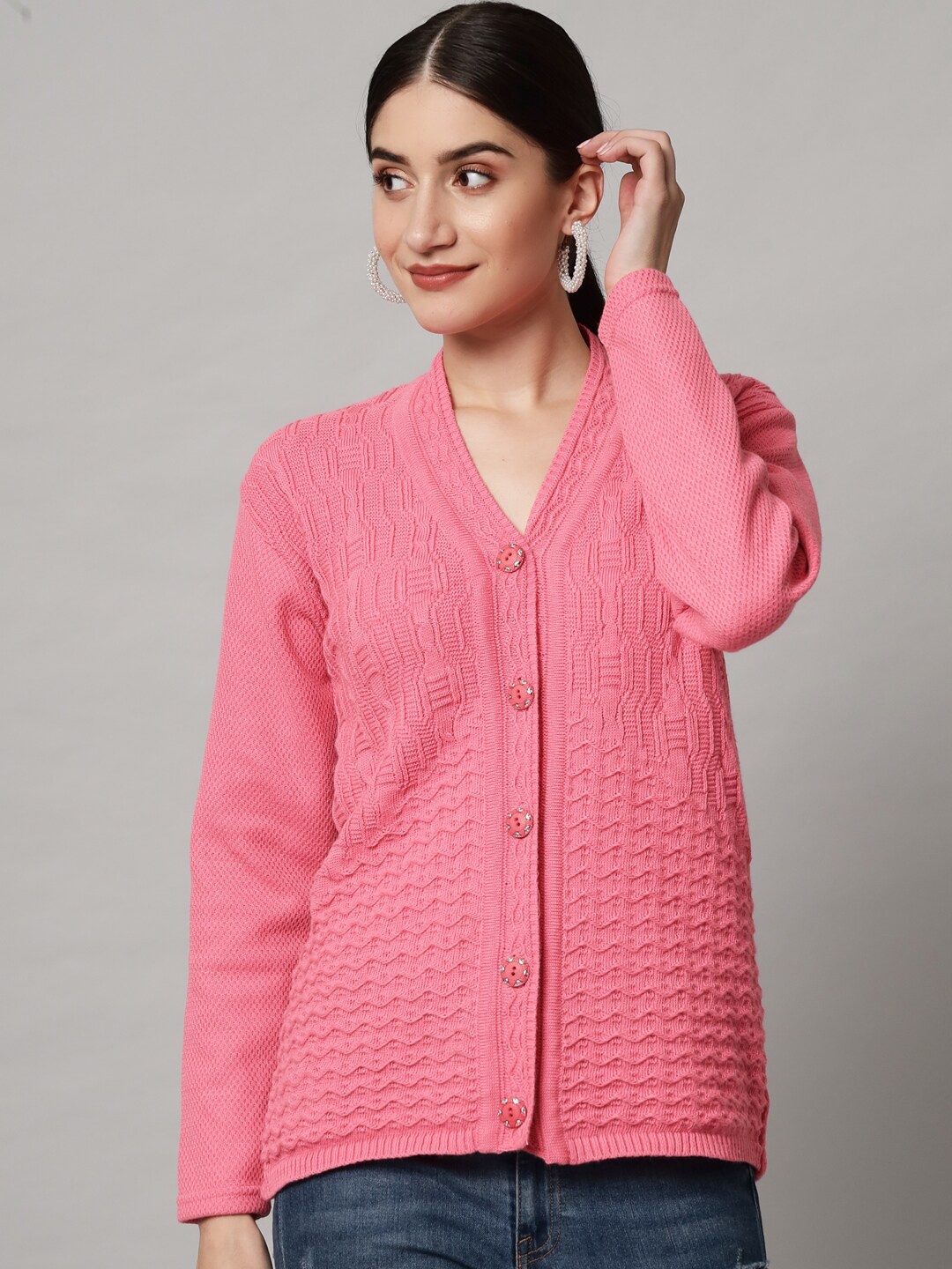 

eWools Cable Knit Acrylic Woollen Cardigan, Pink