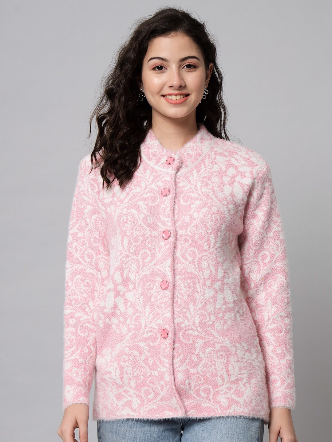 

eWools Floral Printed Long Sleeve Woollen Cardigan Sweaters, Pink