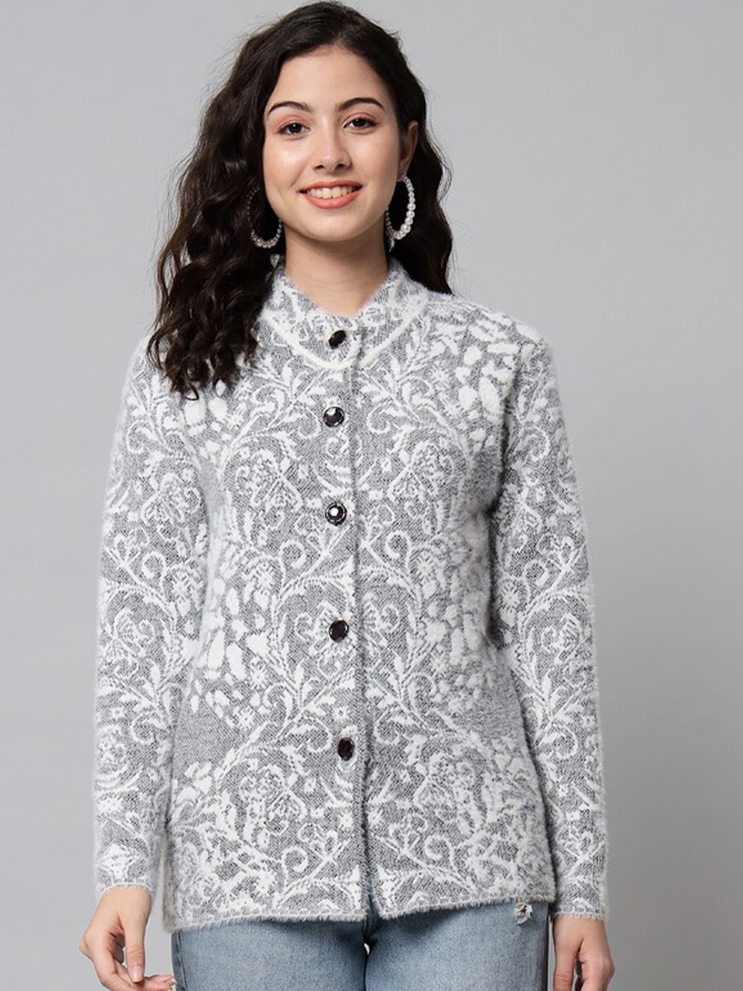 

eWools Floral Printed Long Sleeve Woollen Cardigan Sweaters, Grey