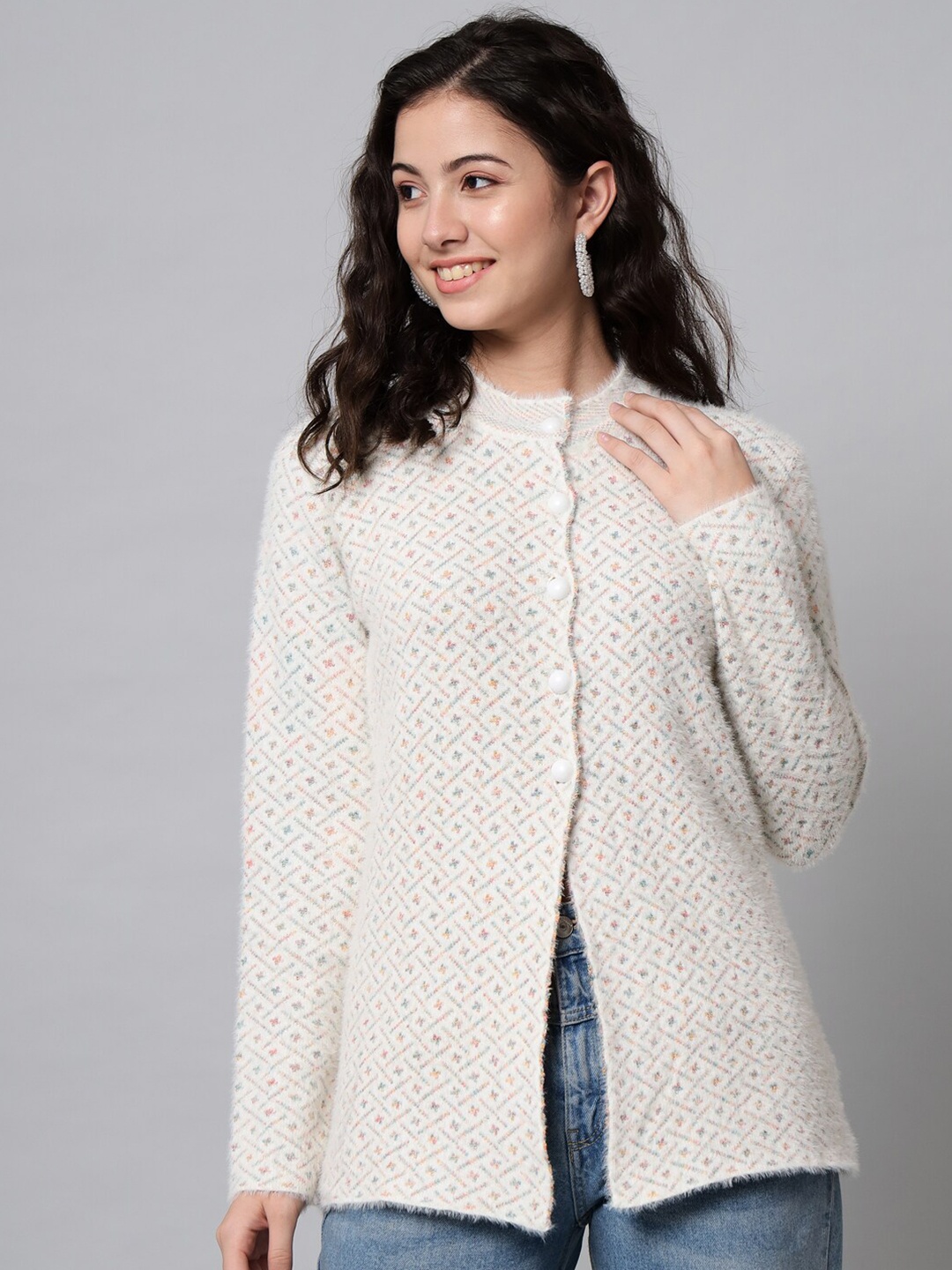 

eWools Geometric Printed Woolen Cardigan Sweater, White