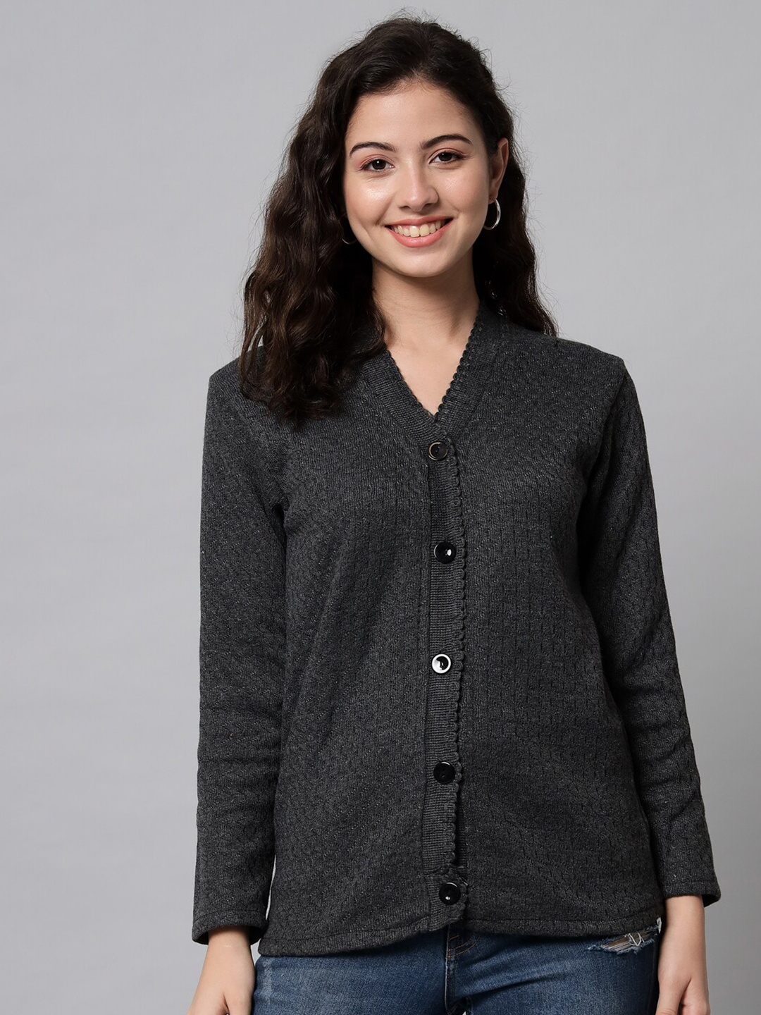 

eWools Self Design V-Neck Long Sleeve Woollen Cardigan Sweater, Grey