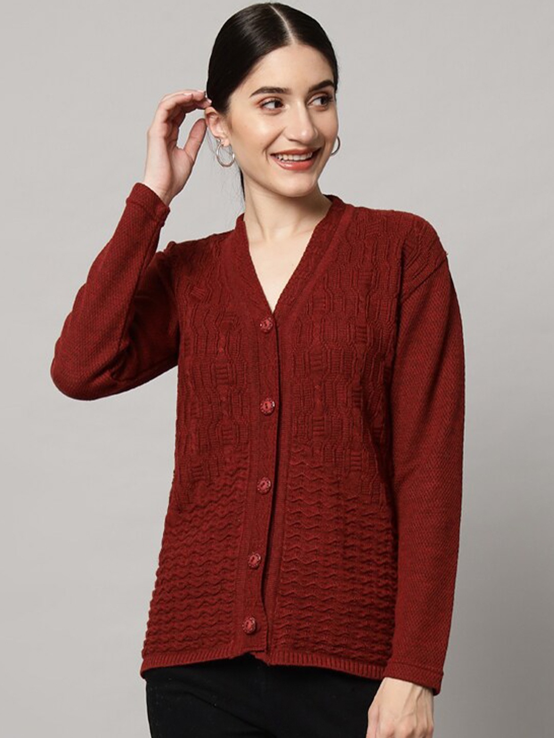 

eWools Cable Knit Self Design V-Neck Acrylic Wool Cardigan, Maroon