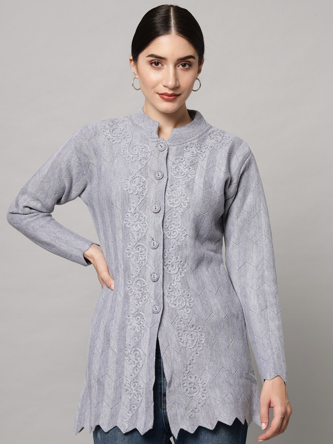 

eWools Embroidered Woolen Cardigan Sweater, Grey