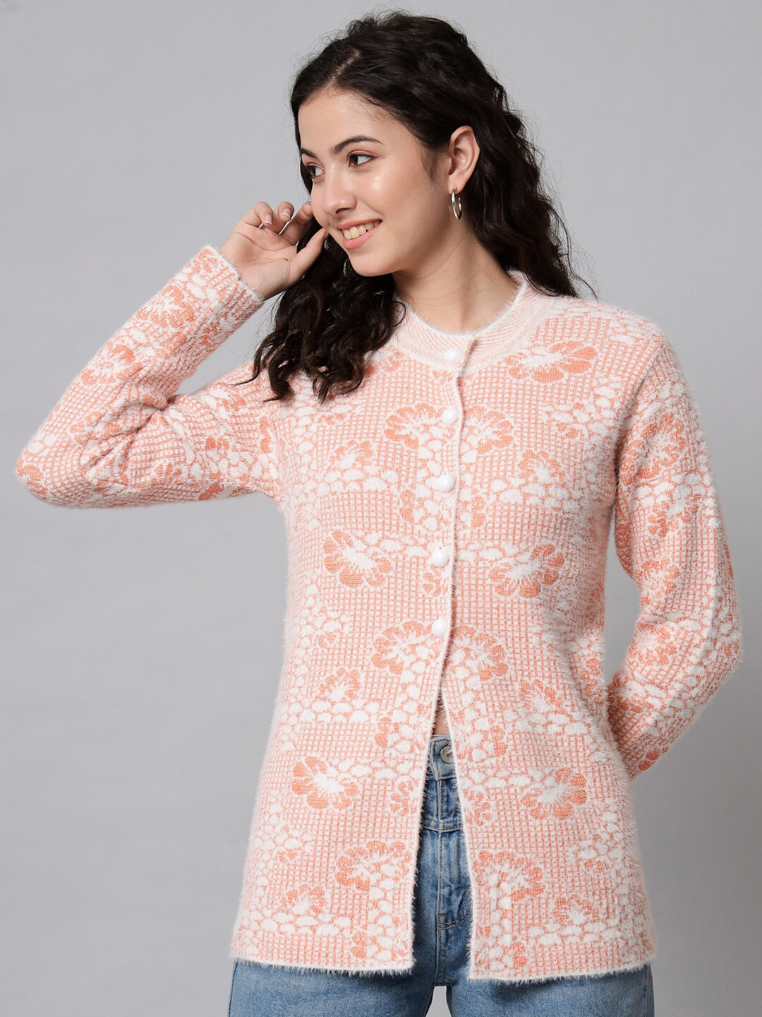 

eWools Floral Printed Woollen Cardigan Sweater, Orange