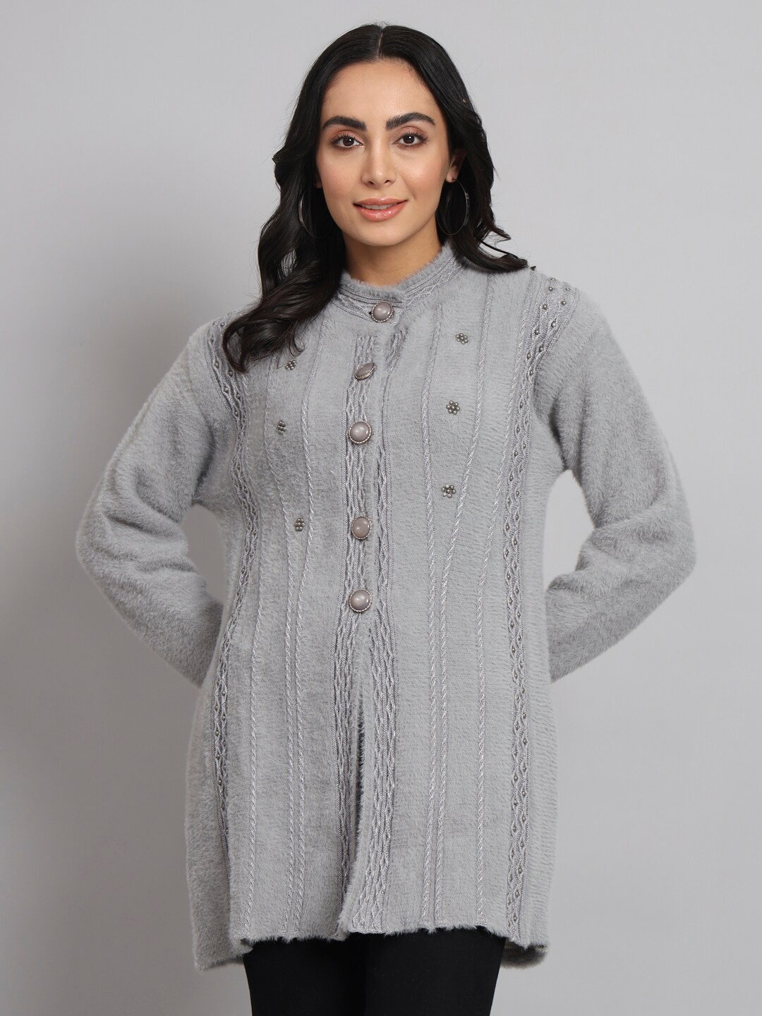 

eWools Cable Knit Stand Collar Long Sleeves Woollen Longline Cardigan Sweater, Grey