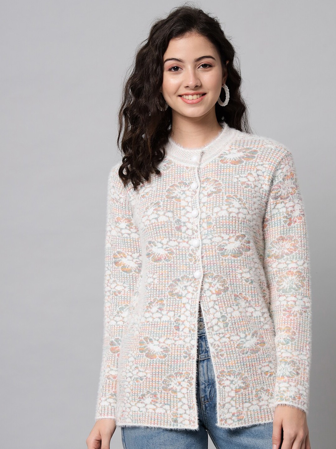 

eWools Floral Printed Round Neck Long Sleeves Woollen Cardigan Sweater, White