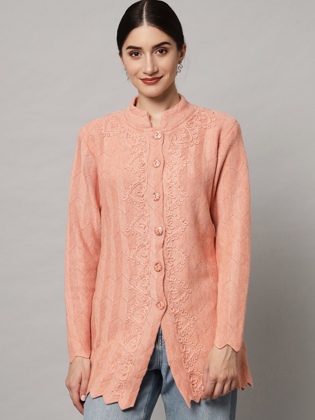 

eWools Embroidered Mandarin Collar Long Sleeves Woollen Longline Cardigan Sweater, Coral