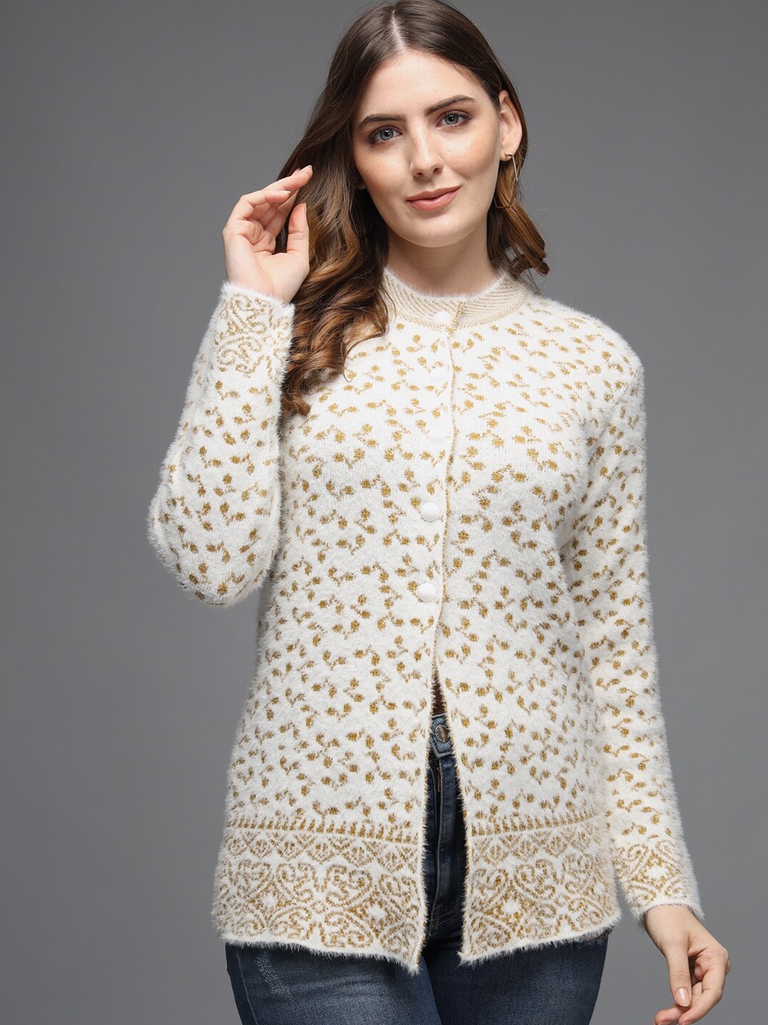 

eWools Floral Self Design Acrylic Wool Cardigan, White