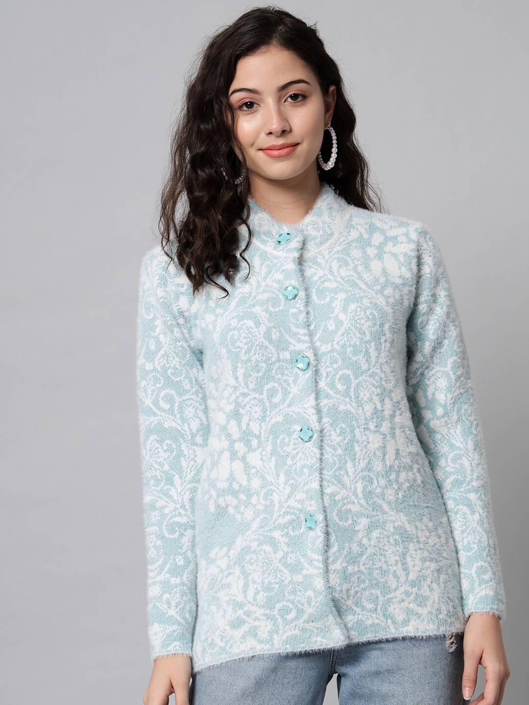 

eWools Floral Self Design Acrylic Wool Cardigan, Blue