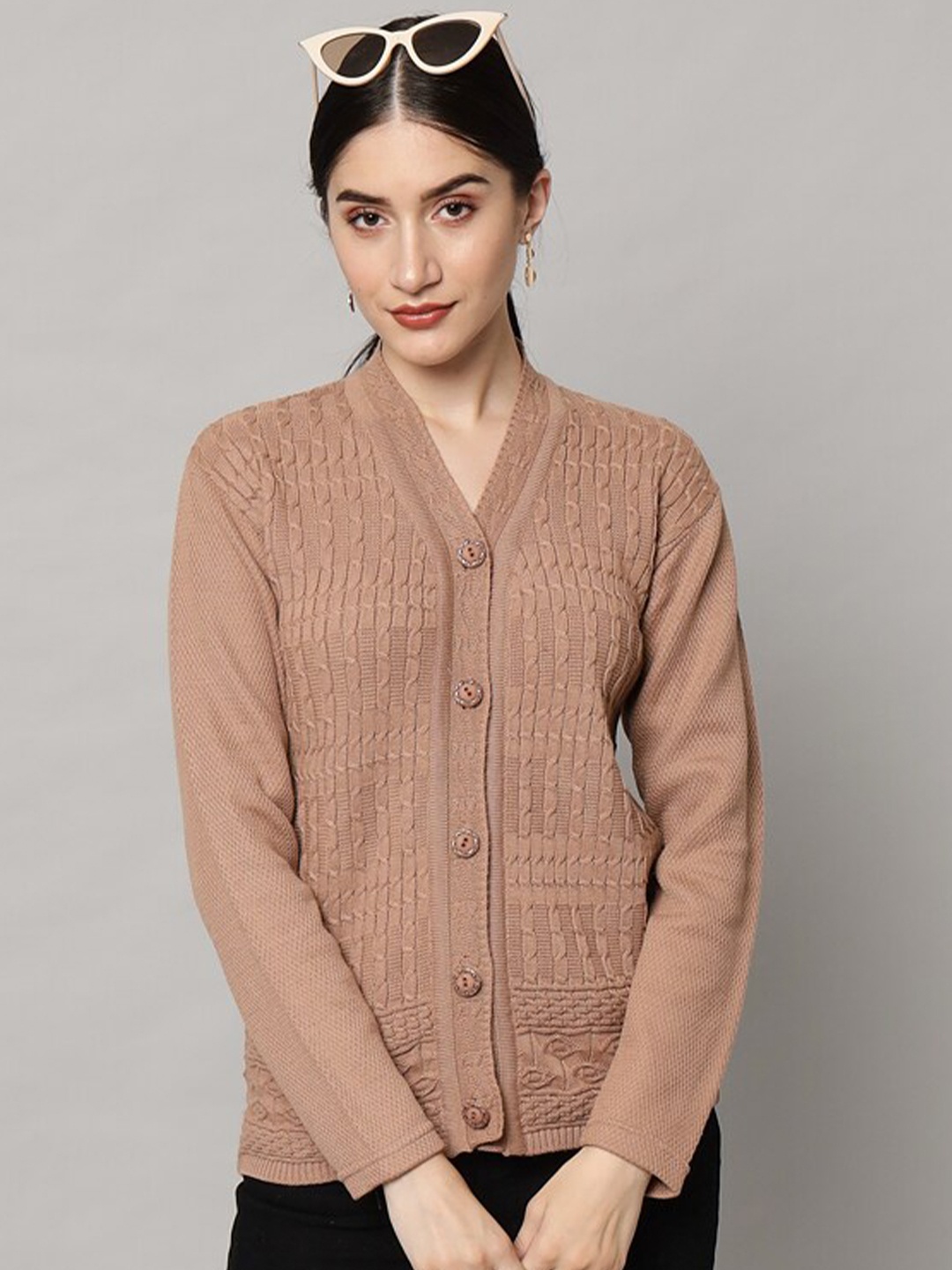 

eWools Cable Knit V-Neck Pure Woollen Cardigan, Brown