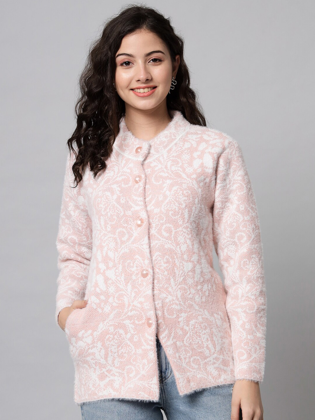 

eWools Floral Self Design Pure Woollen Cardigan, Coral