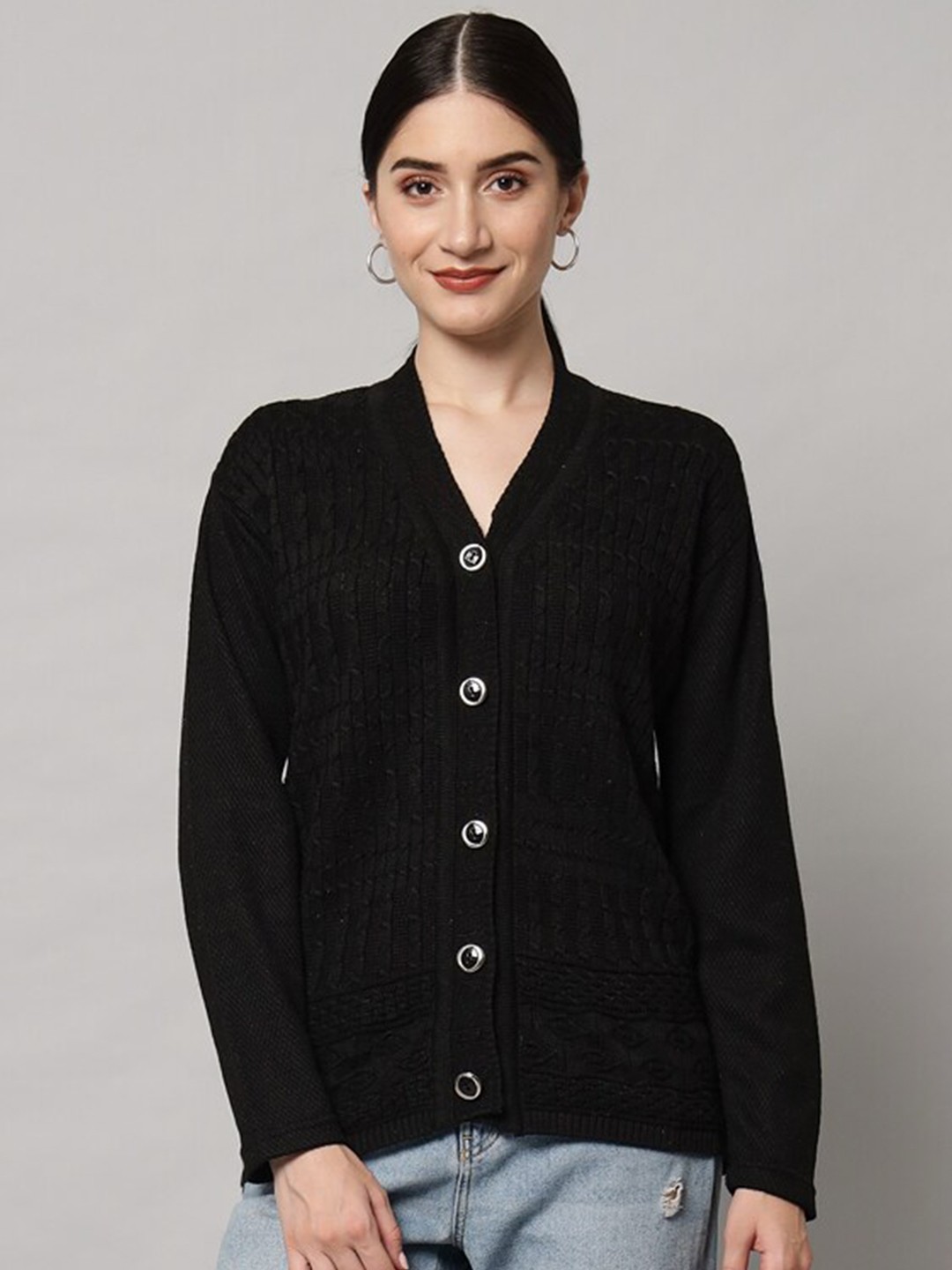 

eWools Cable Knit V-Neck Pure Woollen Cardigan, Black