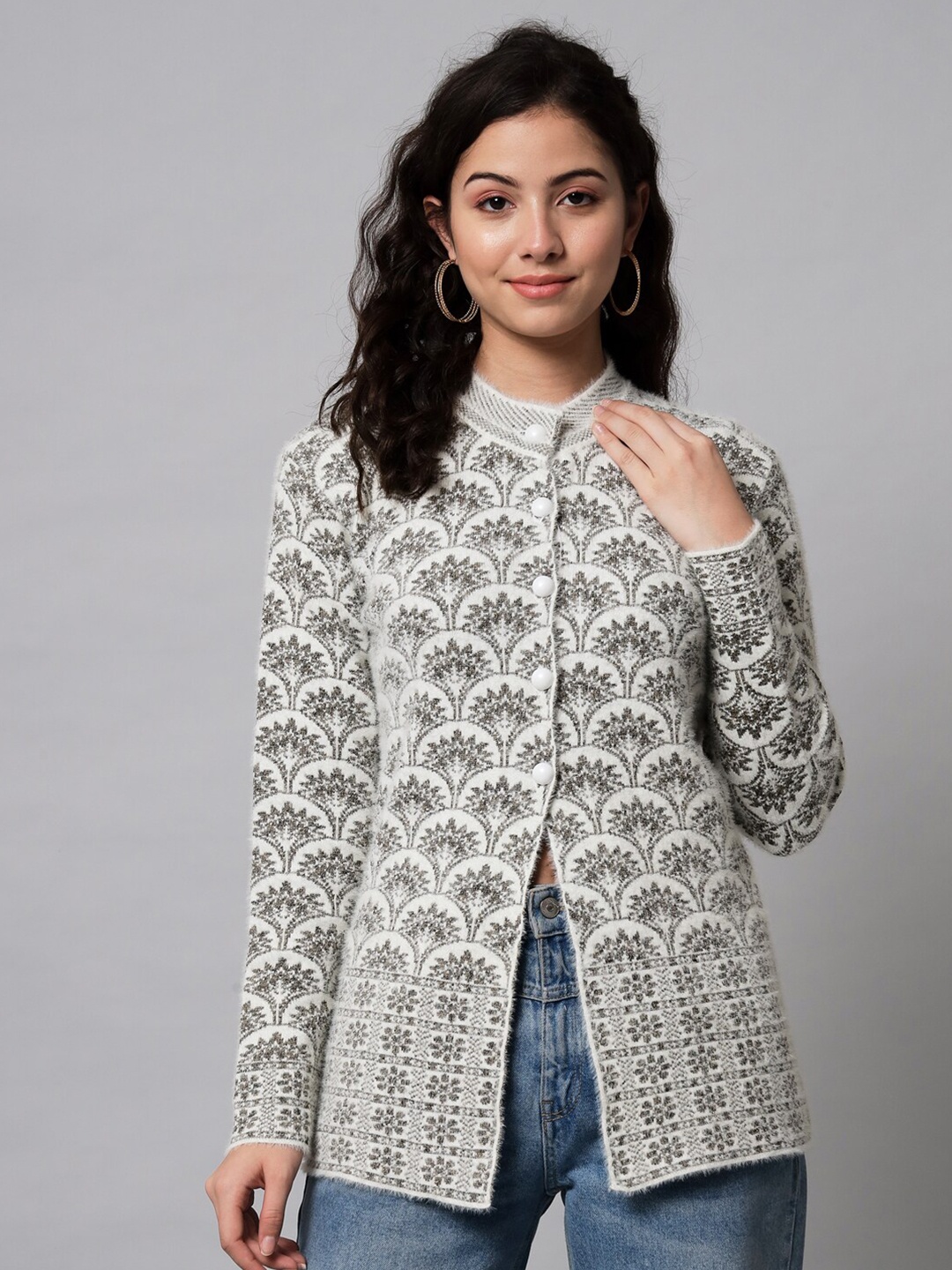 

eWools Ethnic Motifs Self Design Pure Woollen Cardigan, White