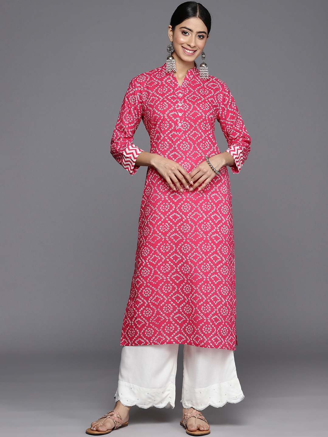

Varanga Bandhani Printed Mandarin Collar Cotton Kurta, Pink