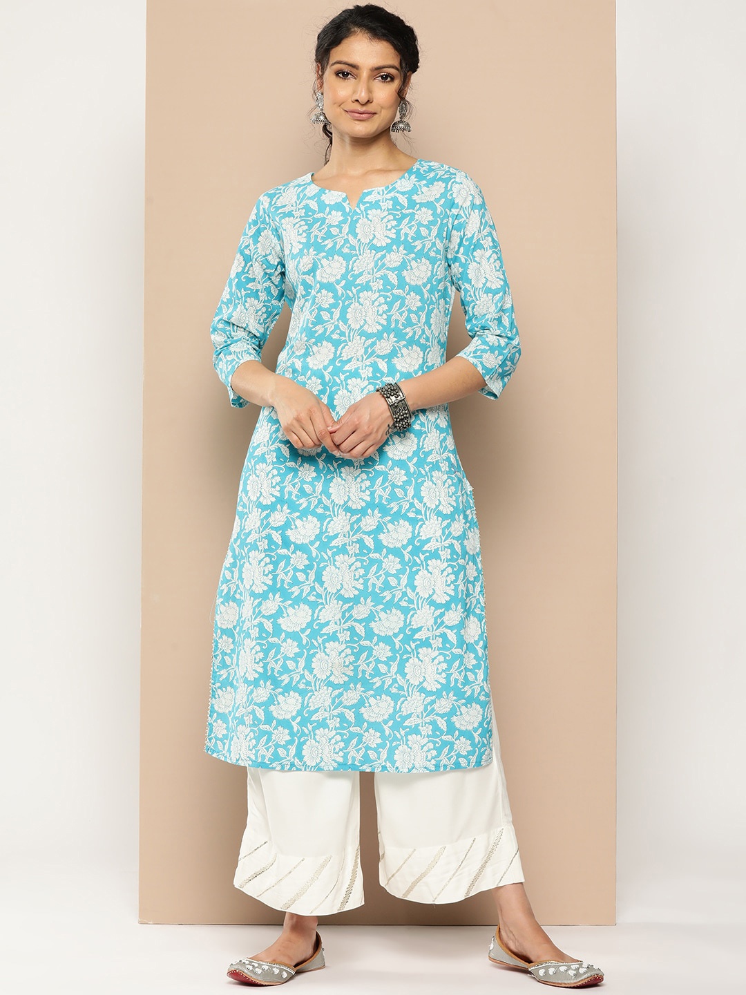 

Varanga Floral Printed Pure Cotton Straight Kurta, Blue