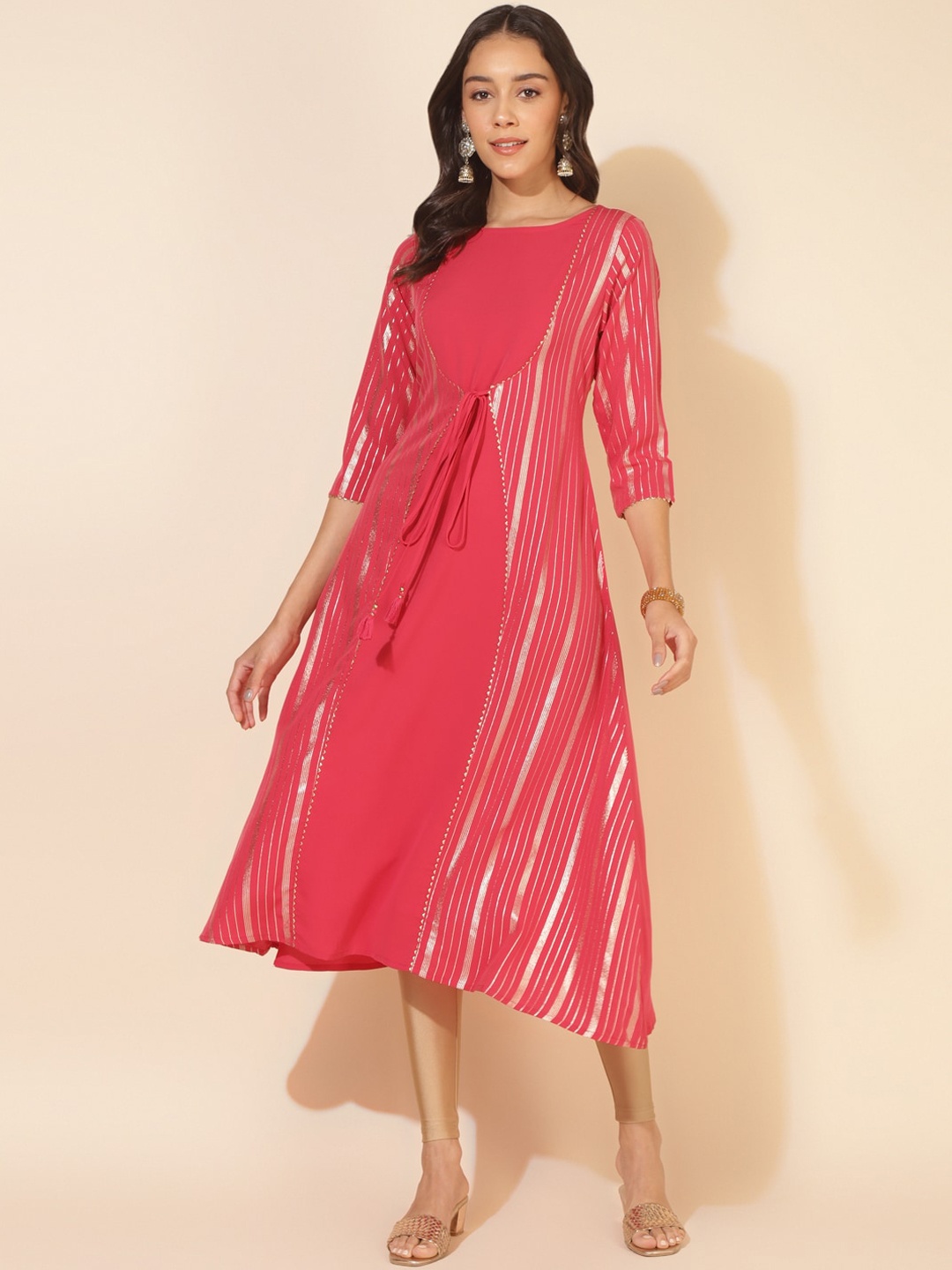 

Janasya Striped Layered Crepe Kurta, Pink