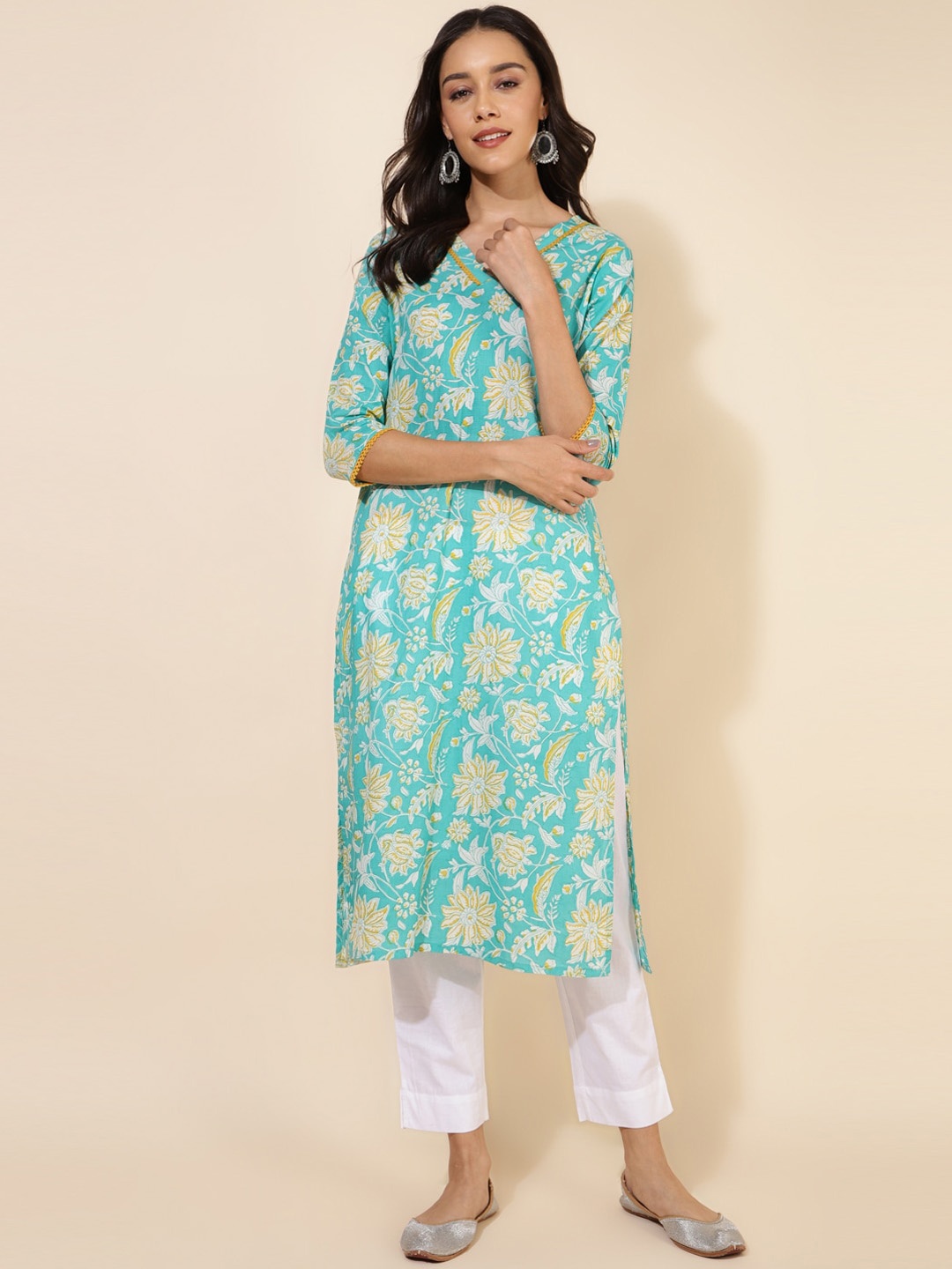 

Janasya Ethnic Motifs Printed Cotton Straight Kurta, Blue