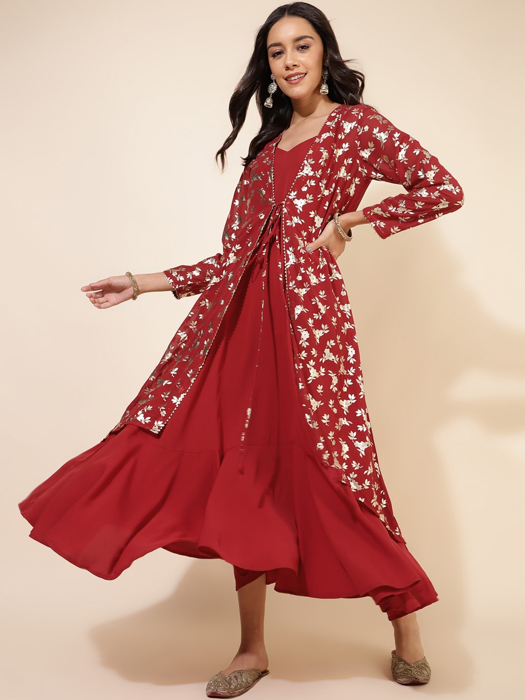

Janasya Women Foil Printed Georgette Dress with Jacket, Red