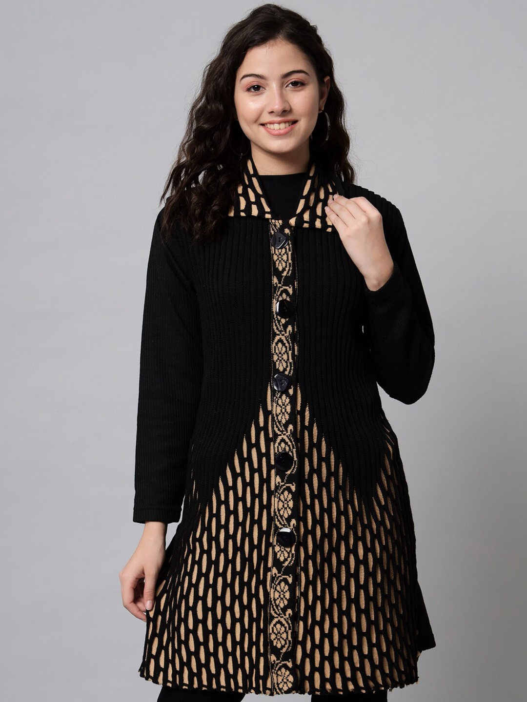 

eWools Ribbed Spread Collar Longline Acrylic Woollen Cardigan, Black
