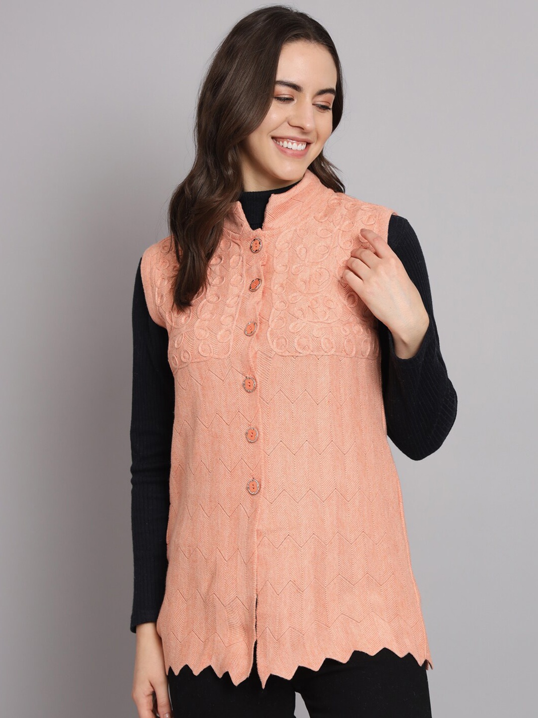 

eWools Embroidered Sleeveless Mandarin Collar Pure Wool Longline Cardigan Sweater, Orange