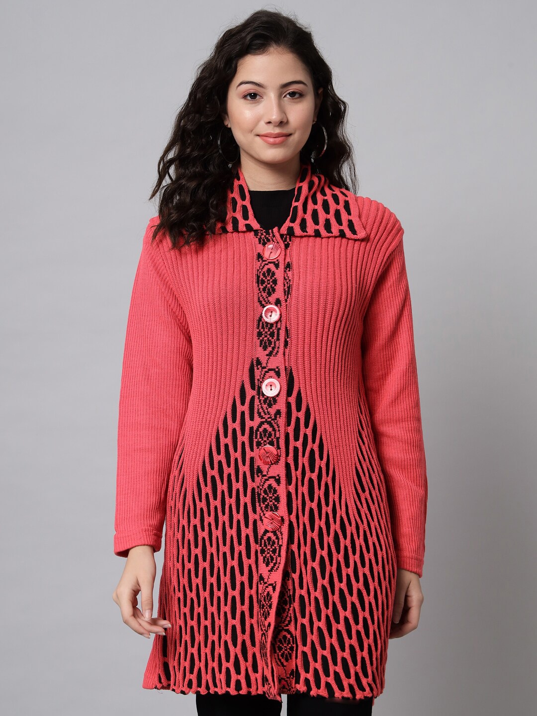 

eWools Geometric Embroidered Acrylic Wool Longline Cardigan Sweater, Pink