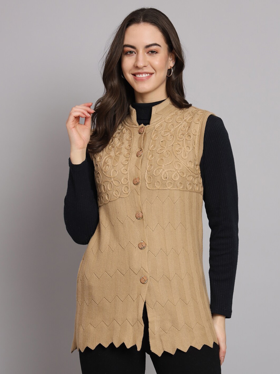 

eWools Embroidered Mandarin Collar Sleeveless Wool Front-Open Sweaters, Brown