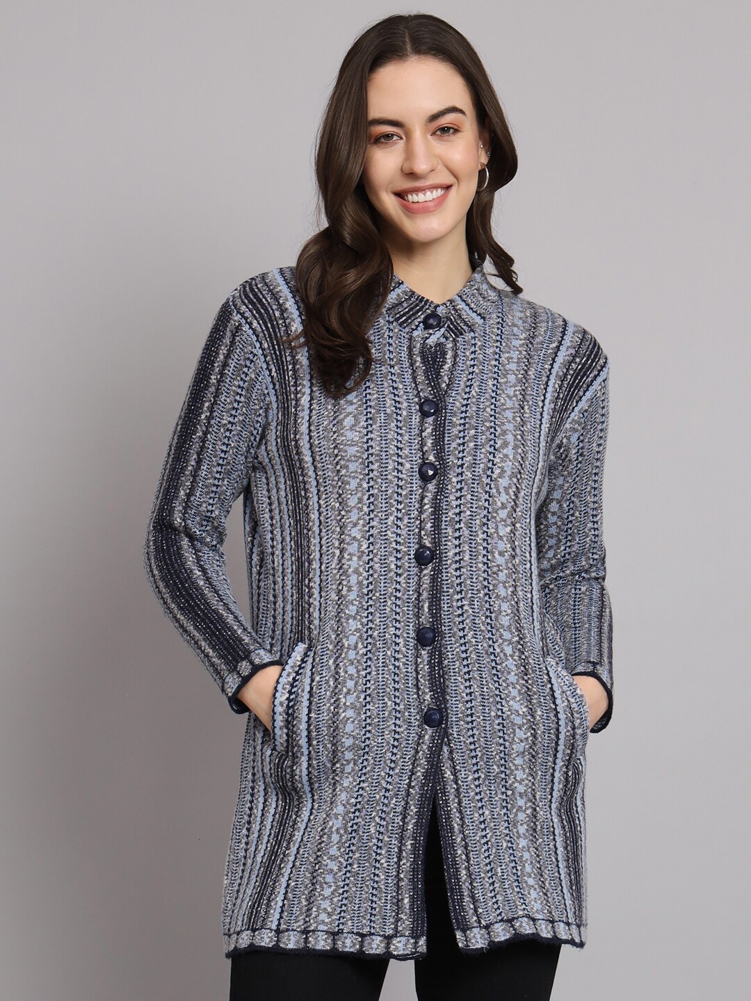

eWools Striped Band Collar Acrylic Wool Longline Cardigan Sweater, Blue