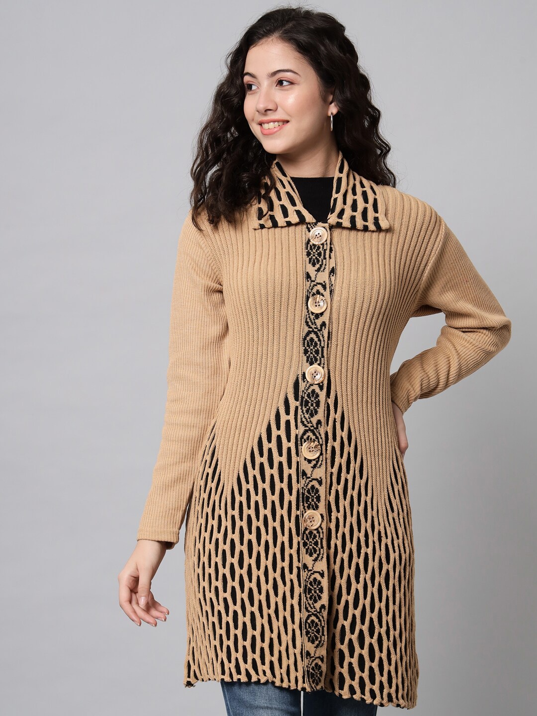 

eWools Self Design Lapel Collar Long Sleeves Woollen Longline Cardigan Sweater, Beige