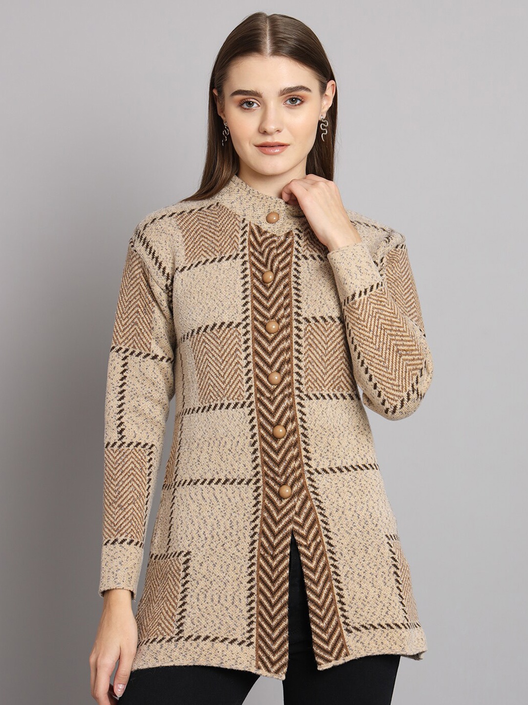 

eWools Geometric Printed Woolen Cardigan Sweater, Beige