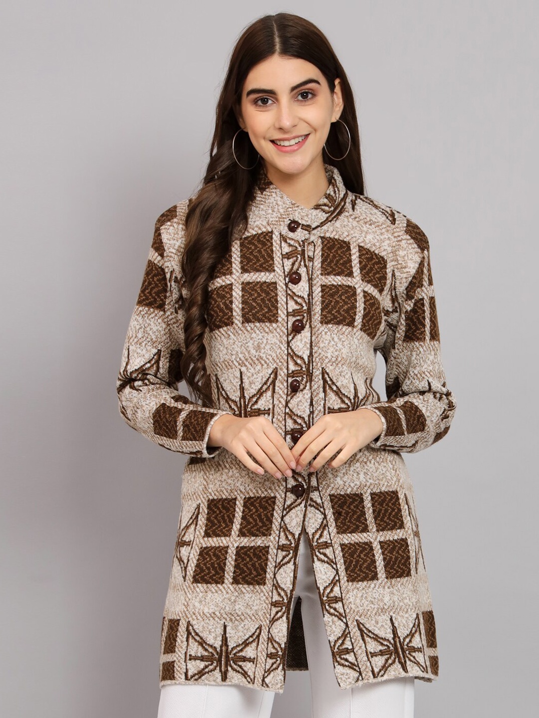

eWools Geometric Printed Acrylic Wool Longline Cardigan Sweater, Beige