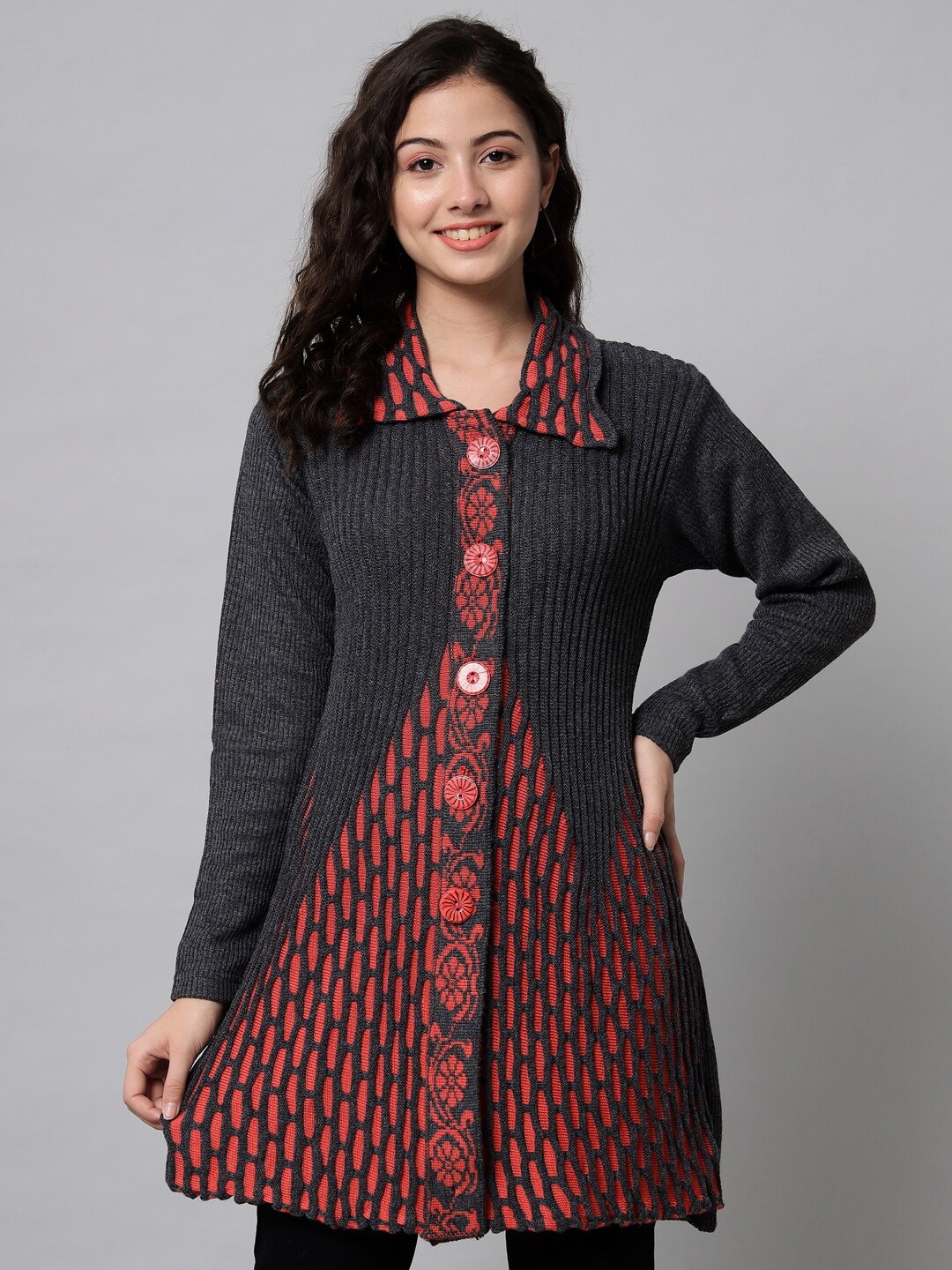 

eWools Abstract Printed Acrylic Wool Longline Cardigan Sweater, Grey