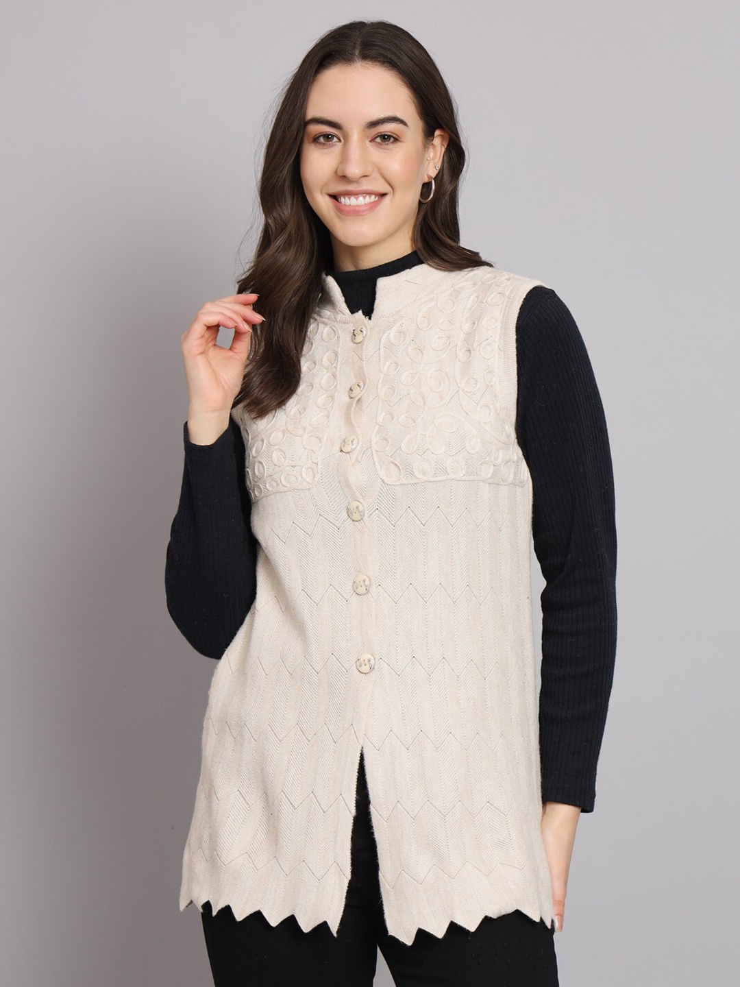 

eWools Embroidered Mandarin Collar Woollen Sleeveless Cardigan, Beige