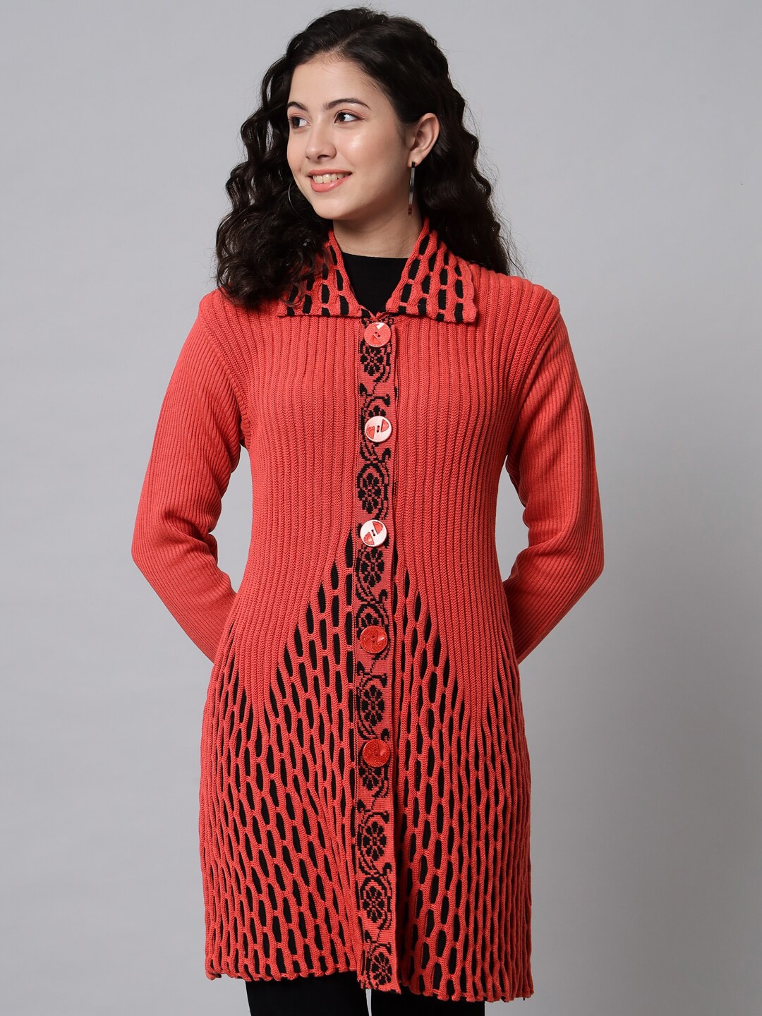 

eWools Abstract Printed Acrylic Wool Longline Cardigan Sweater, Red