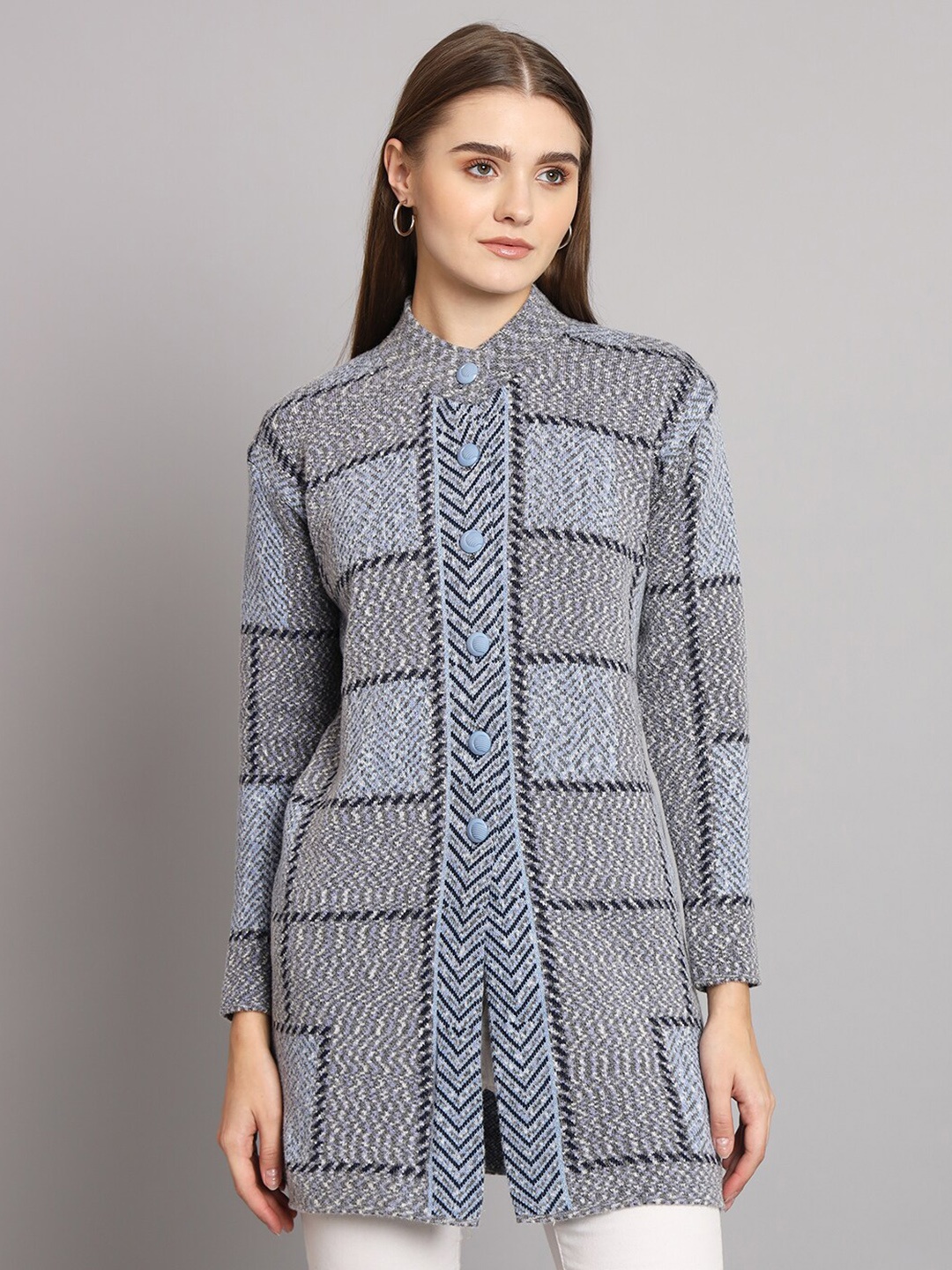

eWools Striped Acrylic Wool Longline Cardigan Sweater, Blue