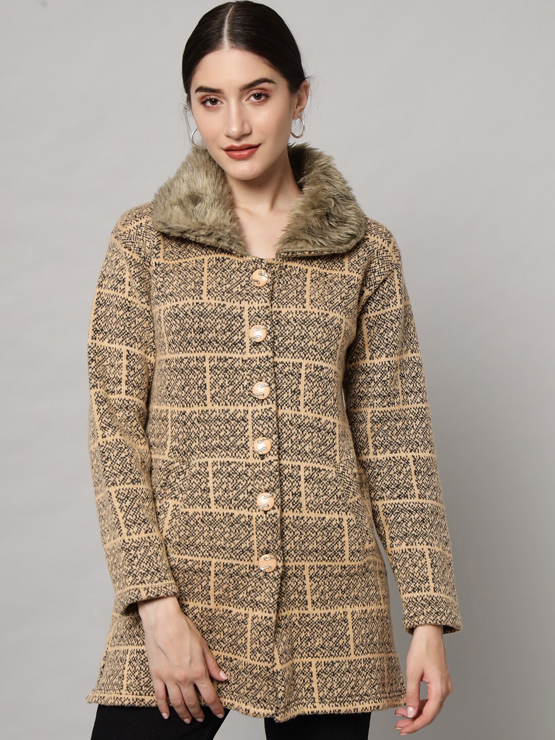 

eWools Checked Acrylic Wool Longline Cardigan Sweater, Gold