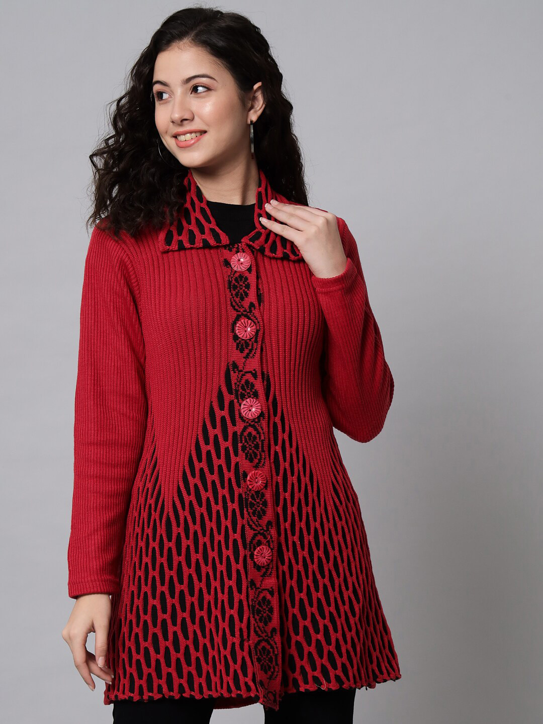 

eWools Self Design Woollen Cardigan, Red