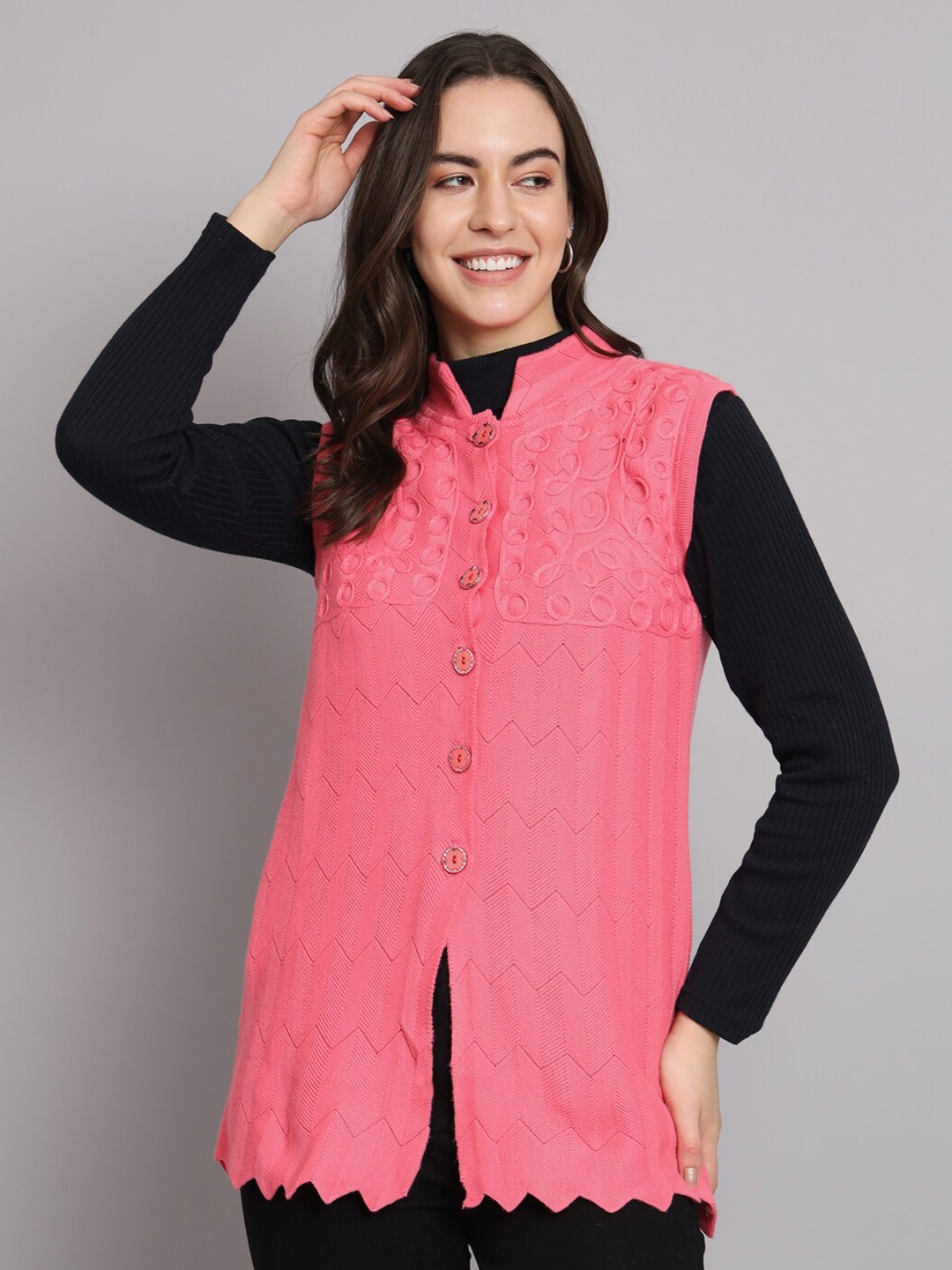 

eWools Embroidered Mandarin Collar Pure Woollen Cardigan, Pink