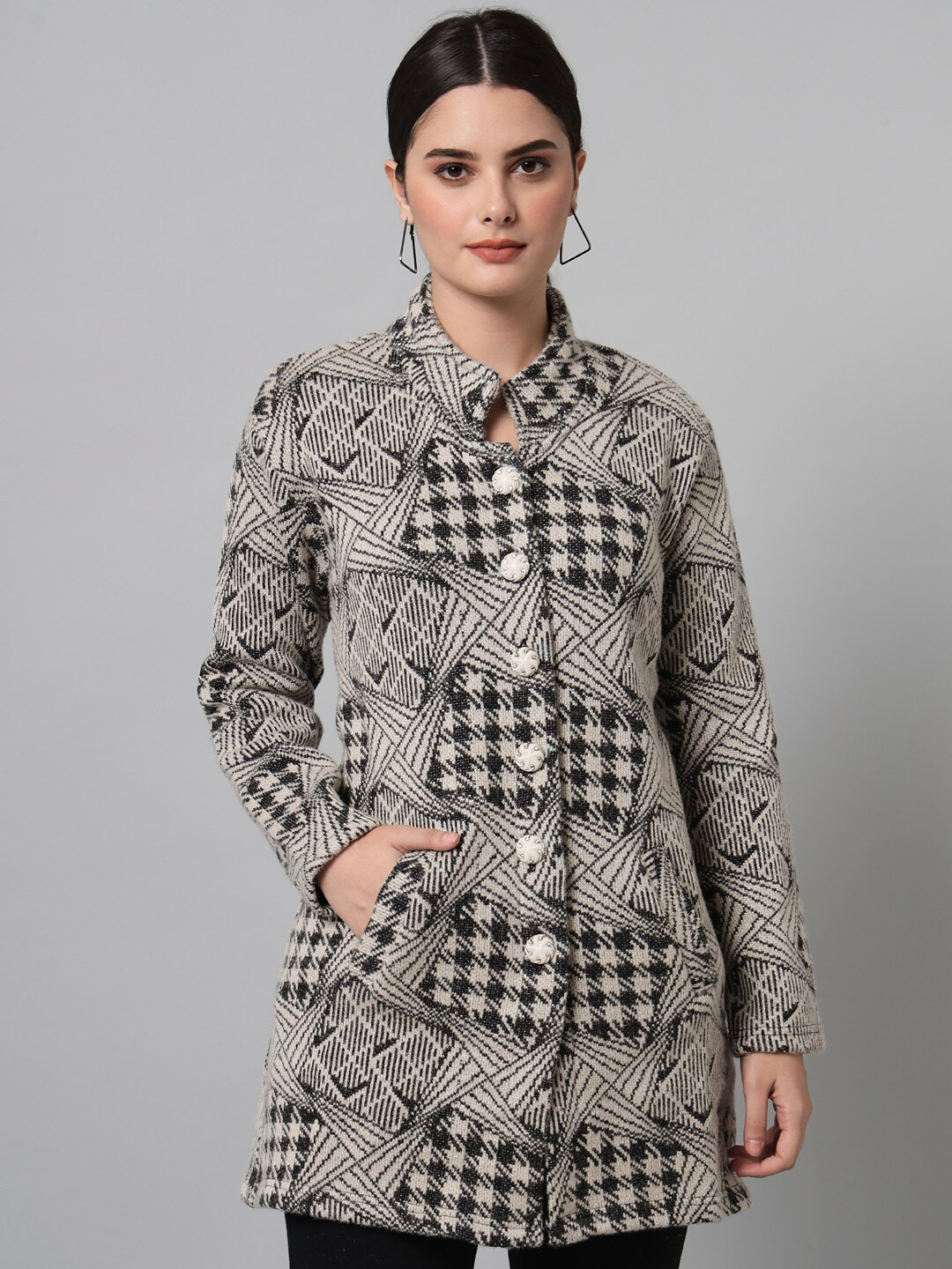 

eWools Geometric Printed Longline Cardigan Sweater, Beige