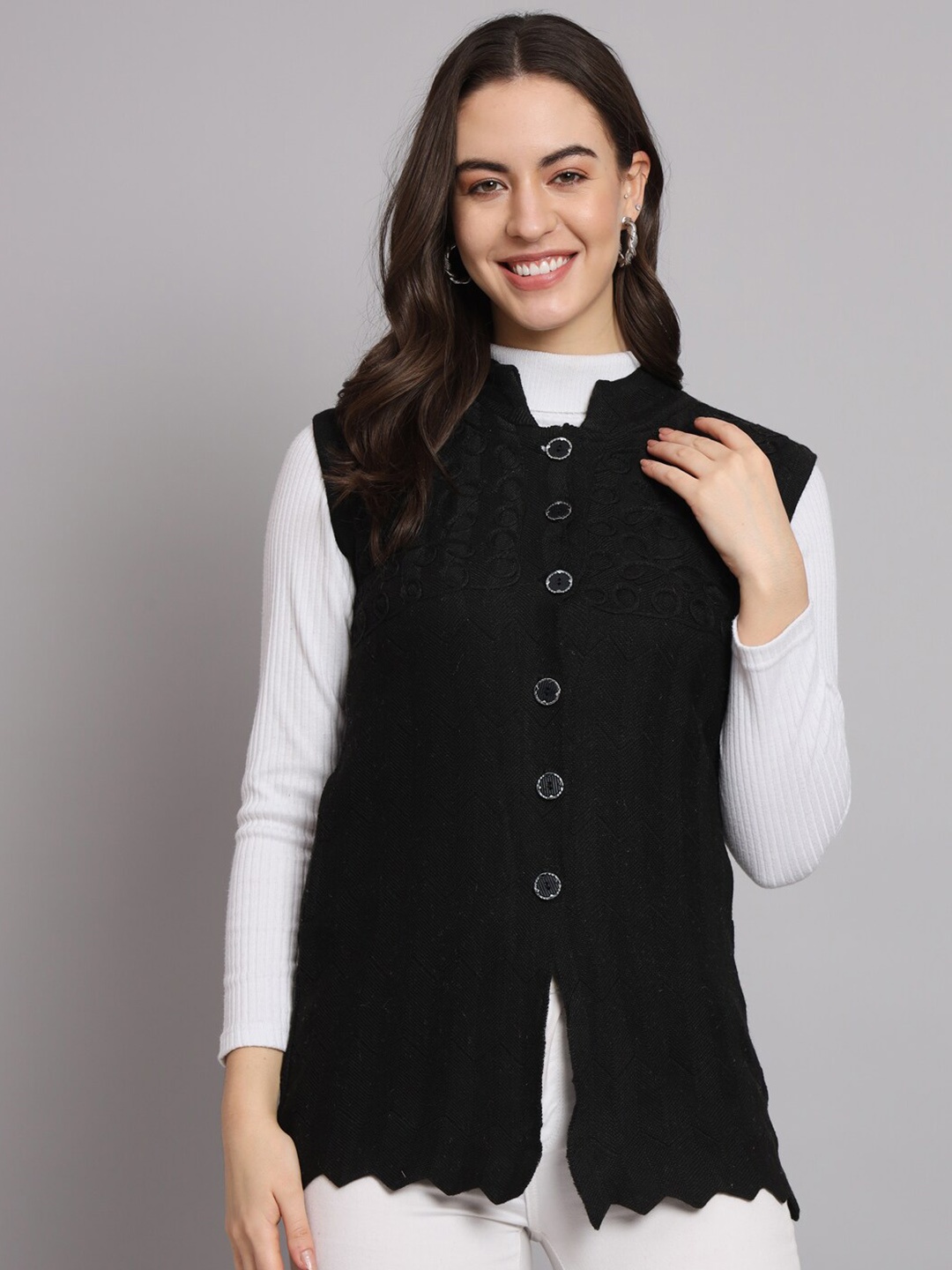 

eWools Self Design Mandarin Collar Woollen Cardigan, Black