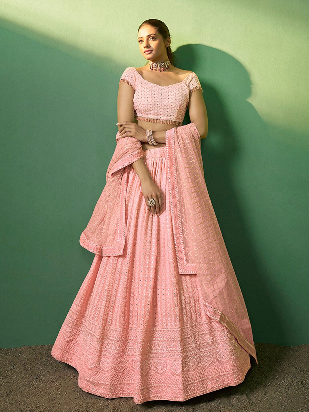 

Fusionic Embroidered Sequinned Semi-Stitched Lehenga & Unstitched Blouse With Dupatta, Peach