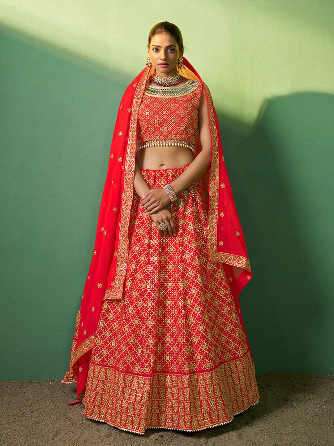 

Fusionic Embroidered Sequinned Semi-Stitched Lehenga & Unstitched Blouse With Dupatta, Red