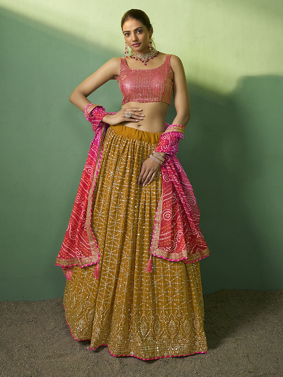 

Fusionic Embroidered Sequinned Semi-Stitched Lehenga & Unstitched Blouse With Dupatta, Mustard