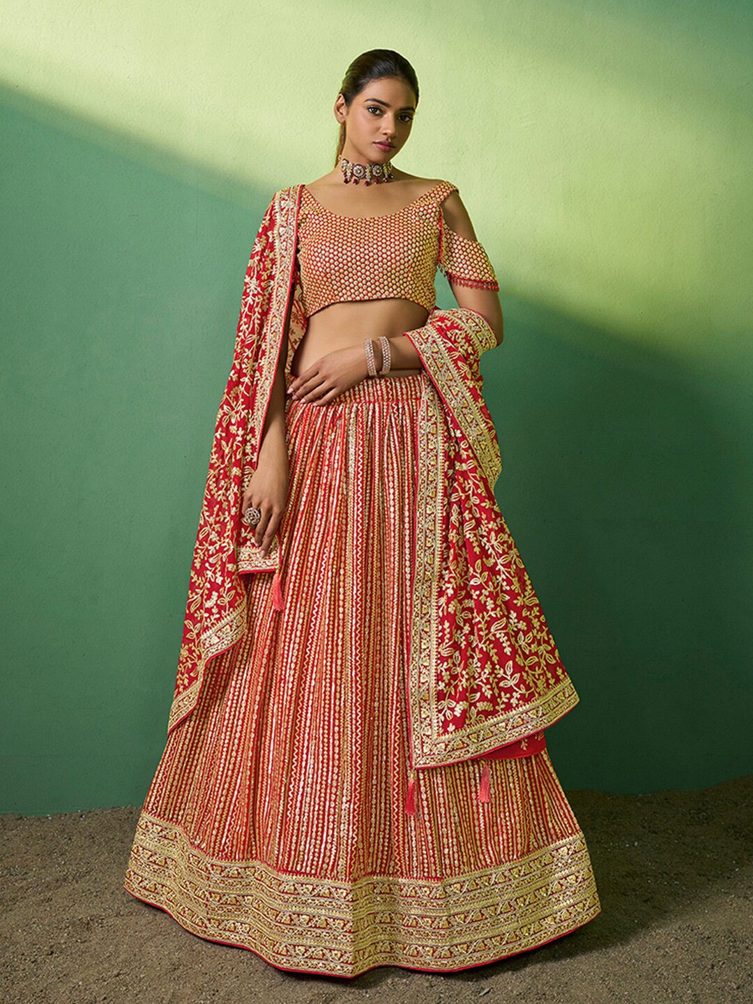 

Fusionic Embroidered Sequinned Semi-Stitched Lehenga & Unstitched Blouse With Dupatta, Red