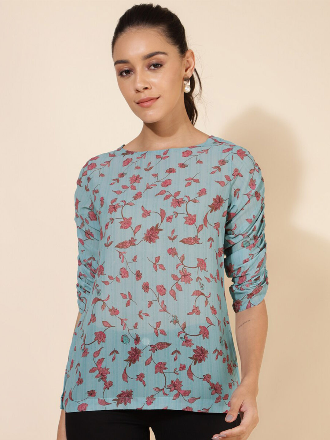 

Janasya Green Floral Printed Georgette Ruched Top