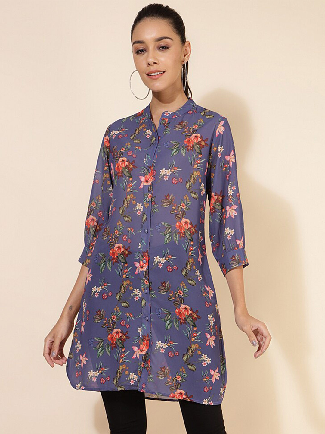 

Janasya Violet Floral Printed Mandarin Collar Georgette Straight Kurta