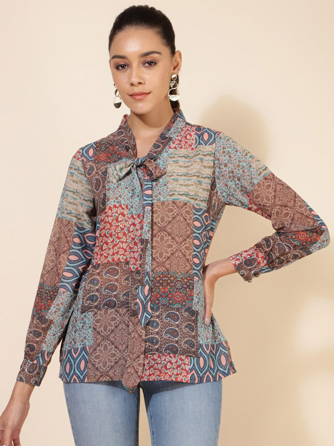 

Janasya Brown Ethnic Motifs Printed Tie-Up Neck Georgette Shirt Style Top