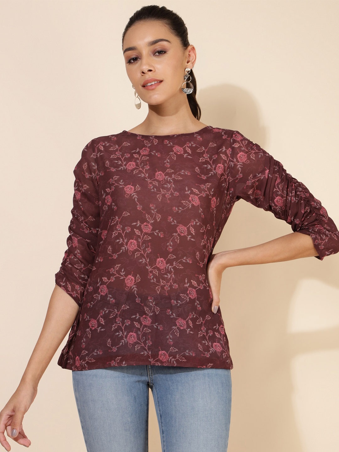 

Janasya Brown Floral Printed Georgette Ruched Top