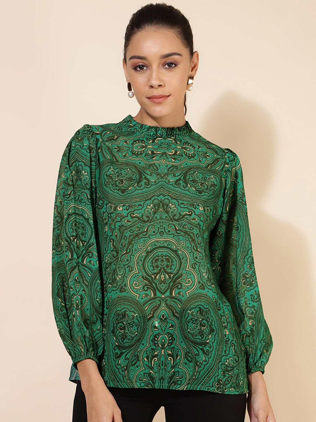 

Janasya Green Ethnic Motifs Printed High Neck Georgette Top