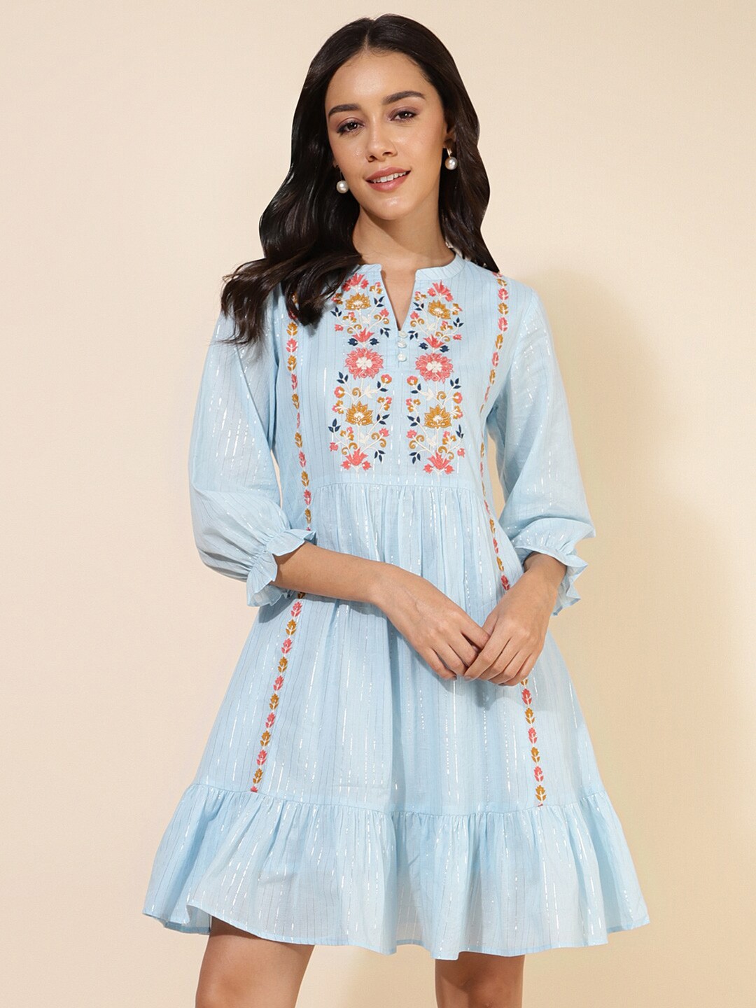 

Janasya Floral Embroidered Bell Sleeves Gathered A-Line Dress, Blue