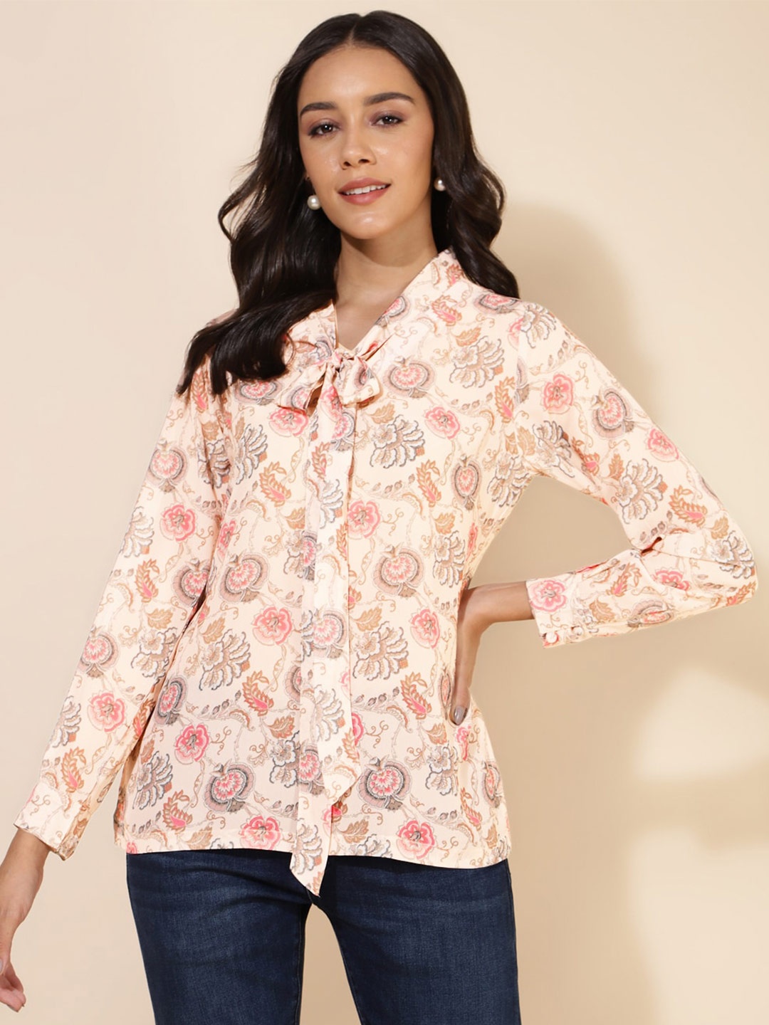 

Janasya Peach-Coloured Floral Printed Tie-Up Neck Georgette Top
